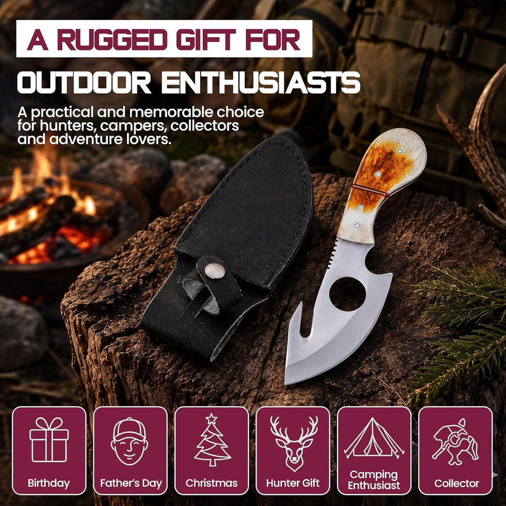 Full Tang Hunting Knife with Bone Handle | Fixed Blade Knife with Gut Hook | Skinning Knife for Camping, Outdoor