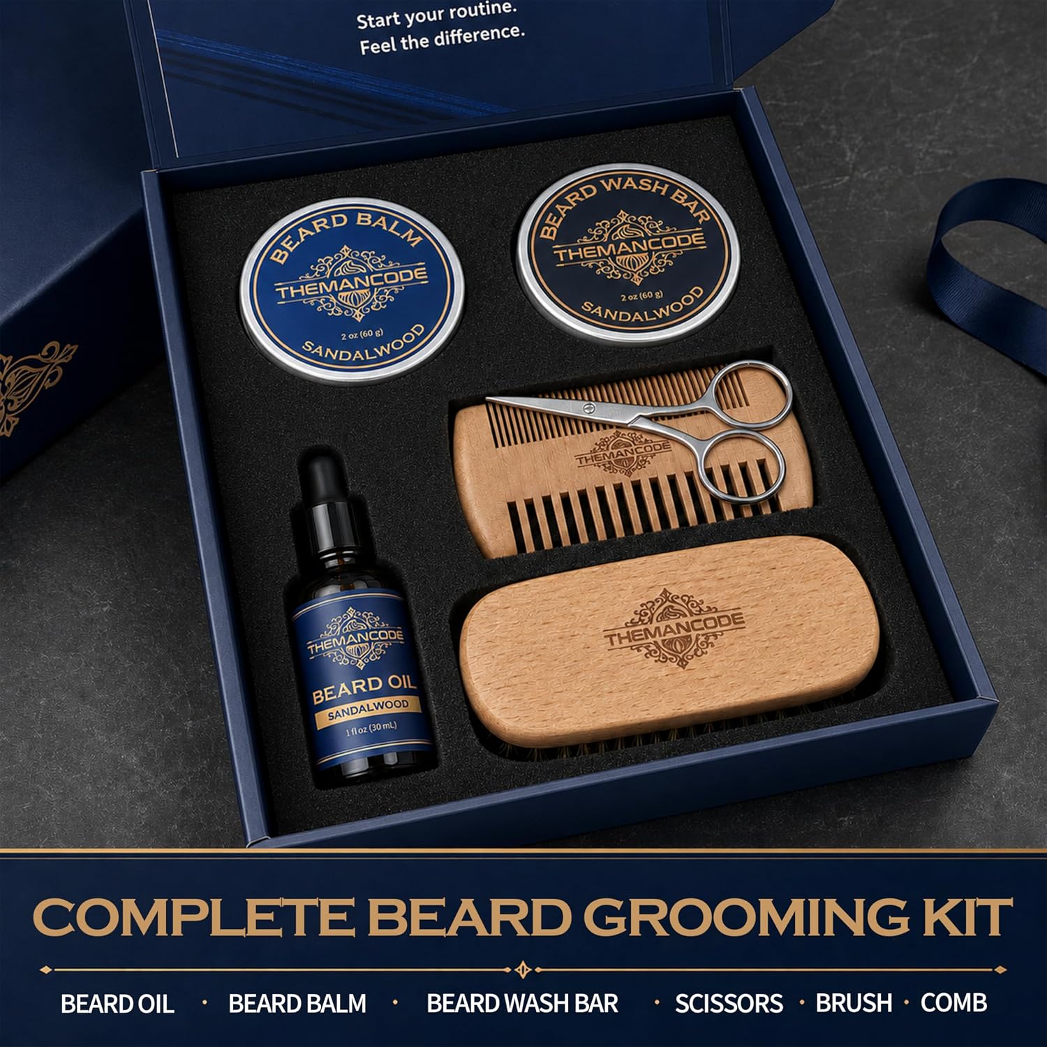 Beard Grooming Kit for Men, Fathers Day Gift for Dad and Husband, Sandalwood Beard Care Kit with Oil, Balm, Wash Bar