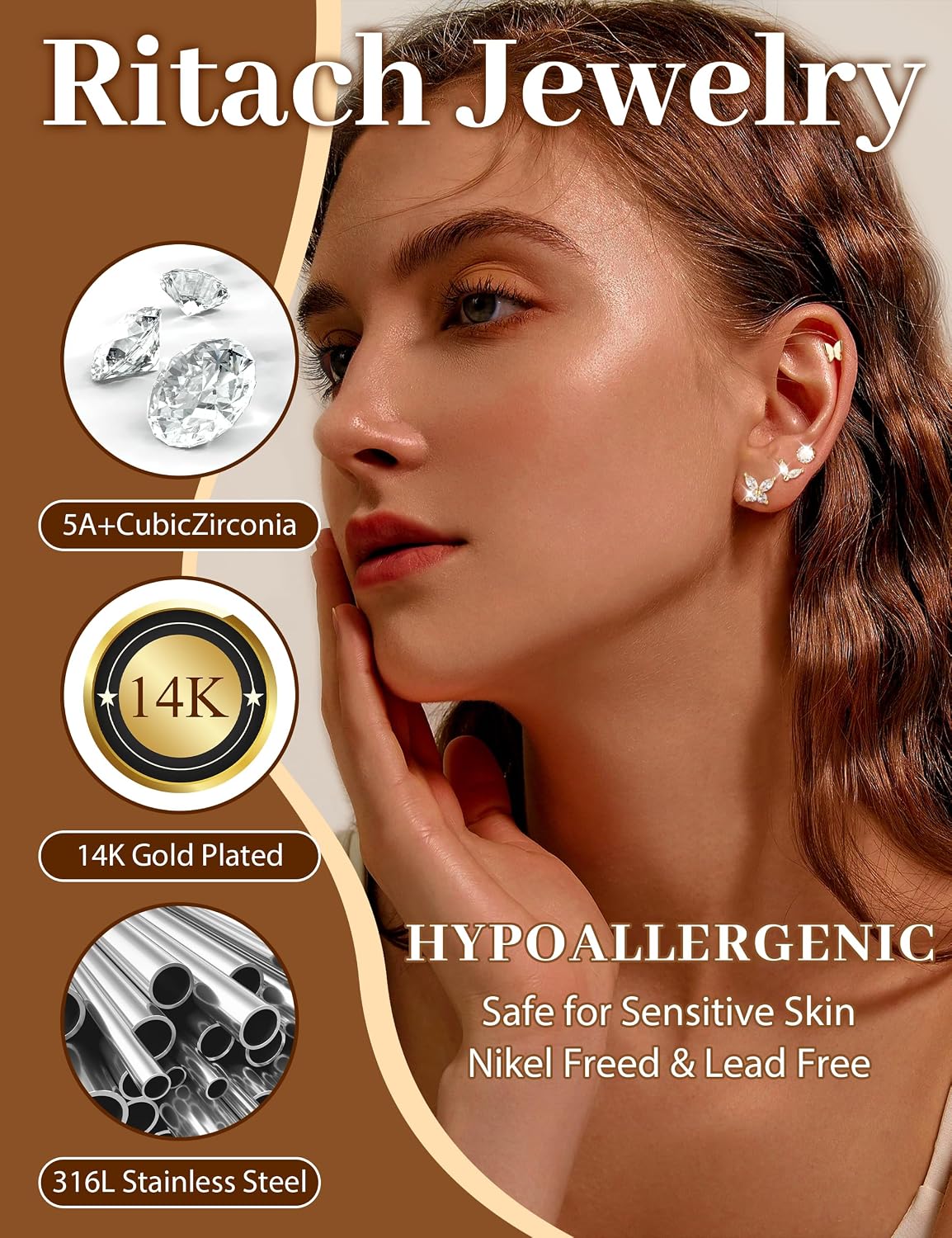 Small Gold Stud Earrings Set for Women - 14K Gold Plated CZ Huggie Hoops Hypoallergenic Earrings Dainty Flower Heart