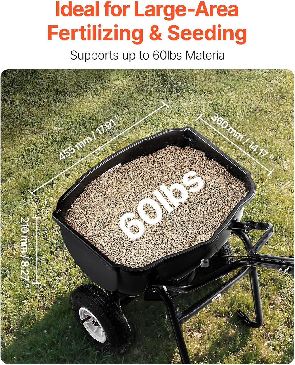 Walk Behind Spreader, 60LBS Capacity, Push Spreader with 0-9.8 ft Spreading Width, 8 in All Terrain Pneumatic Tires