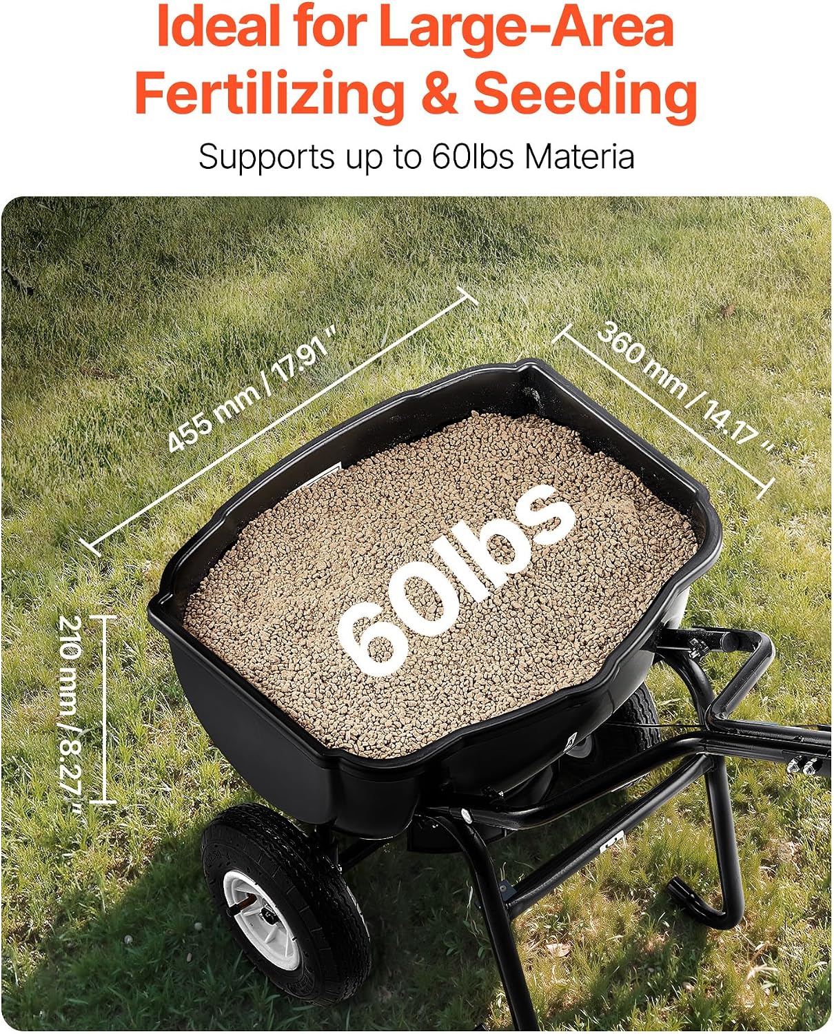 Walk Behind Spreader, 60LBS Capacity, Push Spreader with 0-9.8 ft Spreading Width, 8 in All Terrain Pneumatic Tires