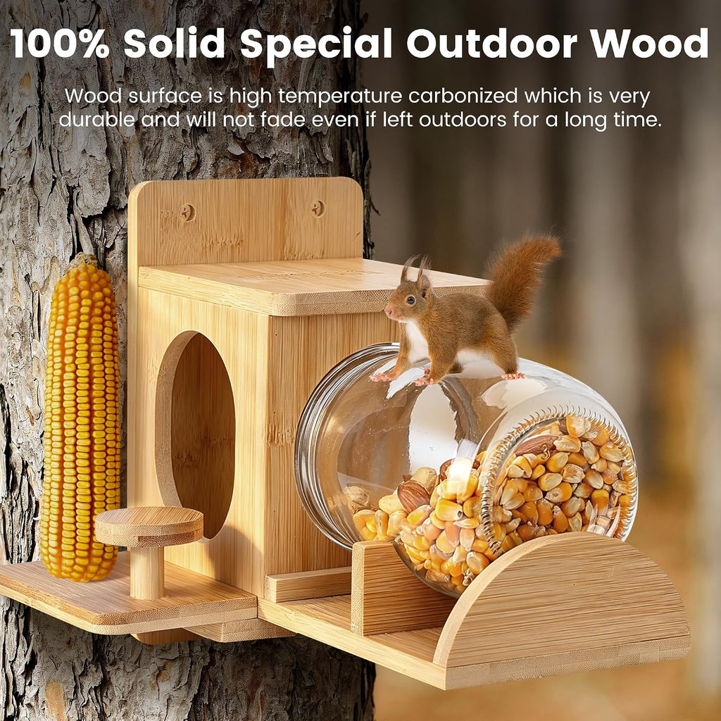Bamboo Wood Squirrel Feeder, Outdoor Squirrel Feeders for Garden Tree, Chipmunk Feeder for Corn and Peanuts, with
