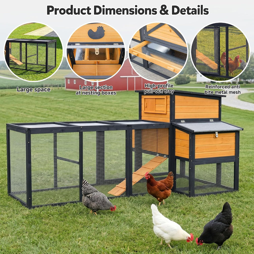 80" Large Wooden Chicken Coop with Run, Outdoor Hen House for 4-6 Chickens, Ventilation Window & Sliding Doors