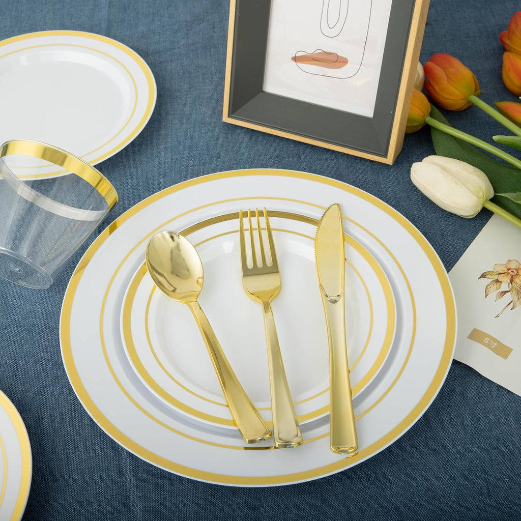 600PCS White and Gold Plastic Plates, Disposable Dinnerware Set