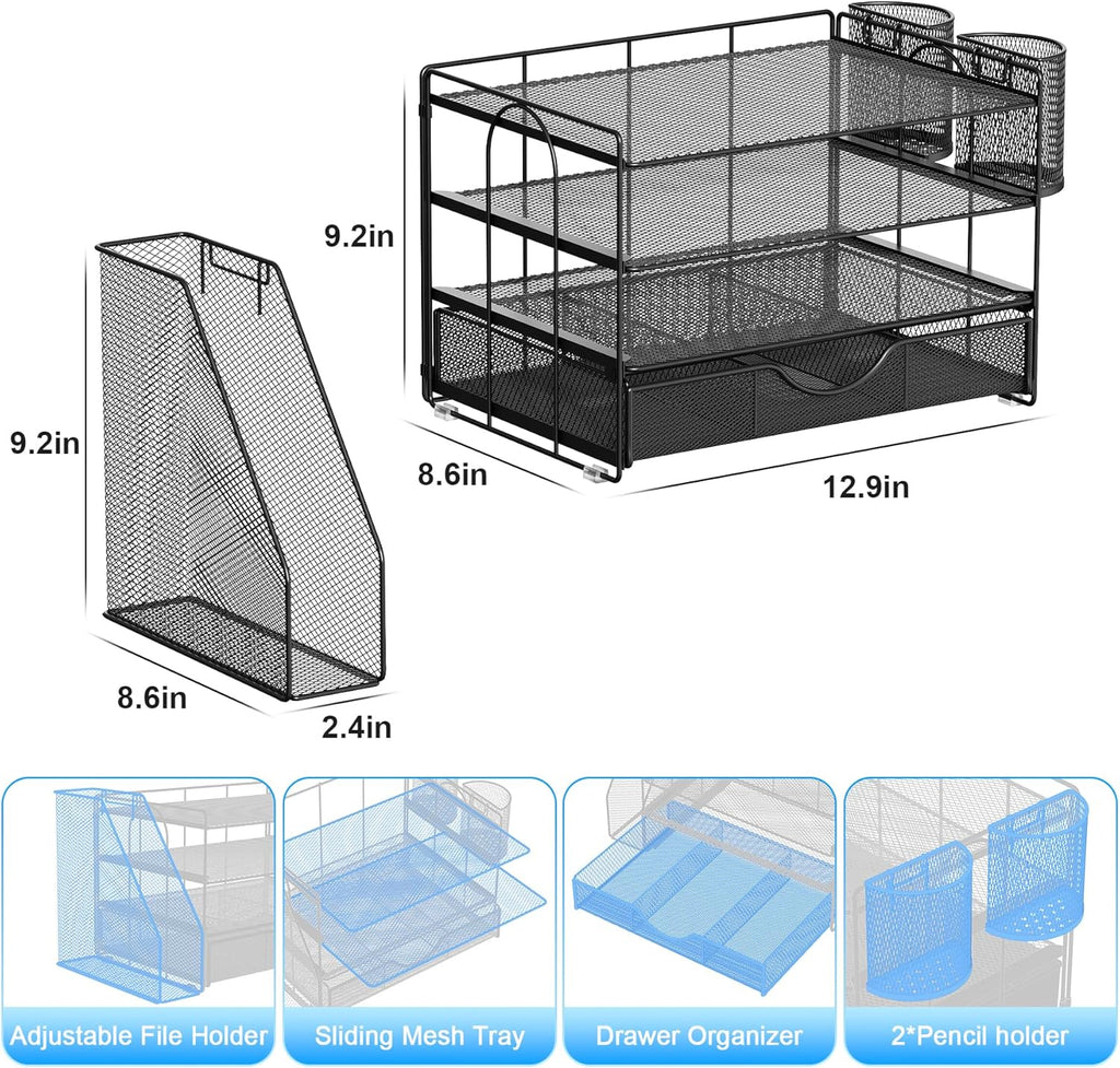 Desk Organizers and Accessories with File Holder, 4-Tier Desk Accessories & Workspace Organizers with Drawer and 2