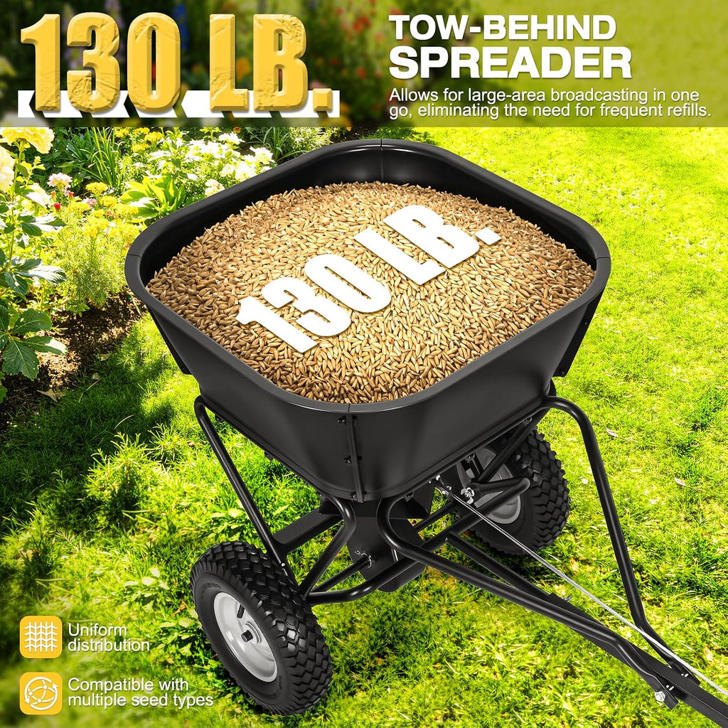 Tow Behind Broadcast Spreader, 130 LBS Capacity Lawn Fertilizer Spreader for Riding Mower, ATV, UTV & Tractor, 12 FT