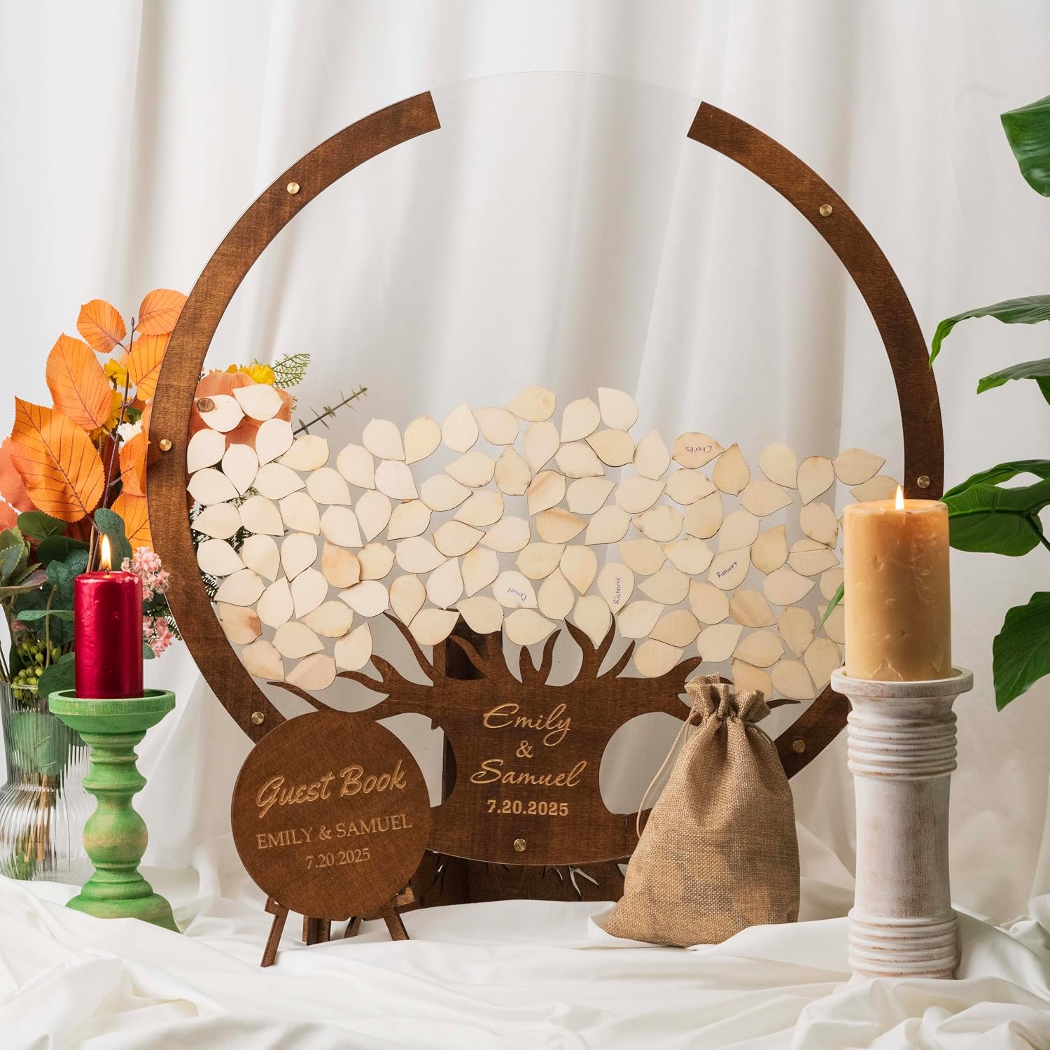 Personalized Wedding Guest Book Alternative - Wooden Tree of Life with Signature Leaves - Custom Name & Date