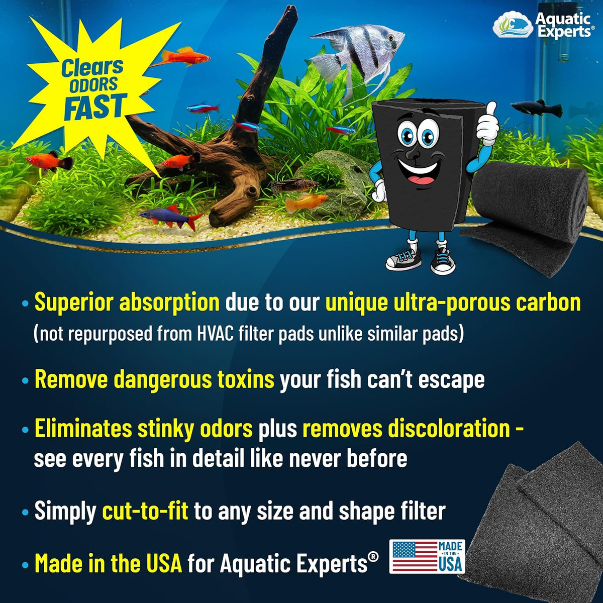 Aquarium Carbon Pad – Cut‑to‑Fit Carbon Infused Filter Pad Media for Crystal Clear Fish Tanks and Ponds, 3/8"–1/2"