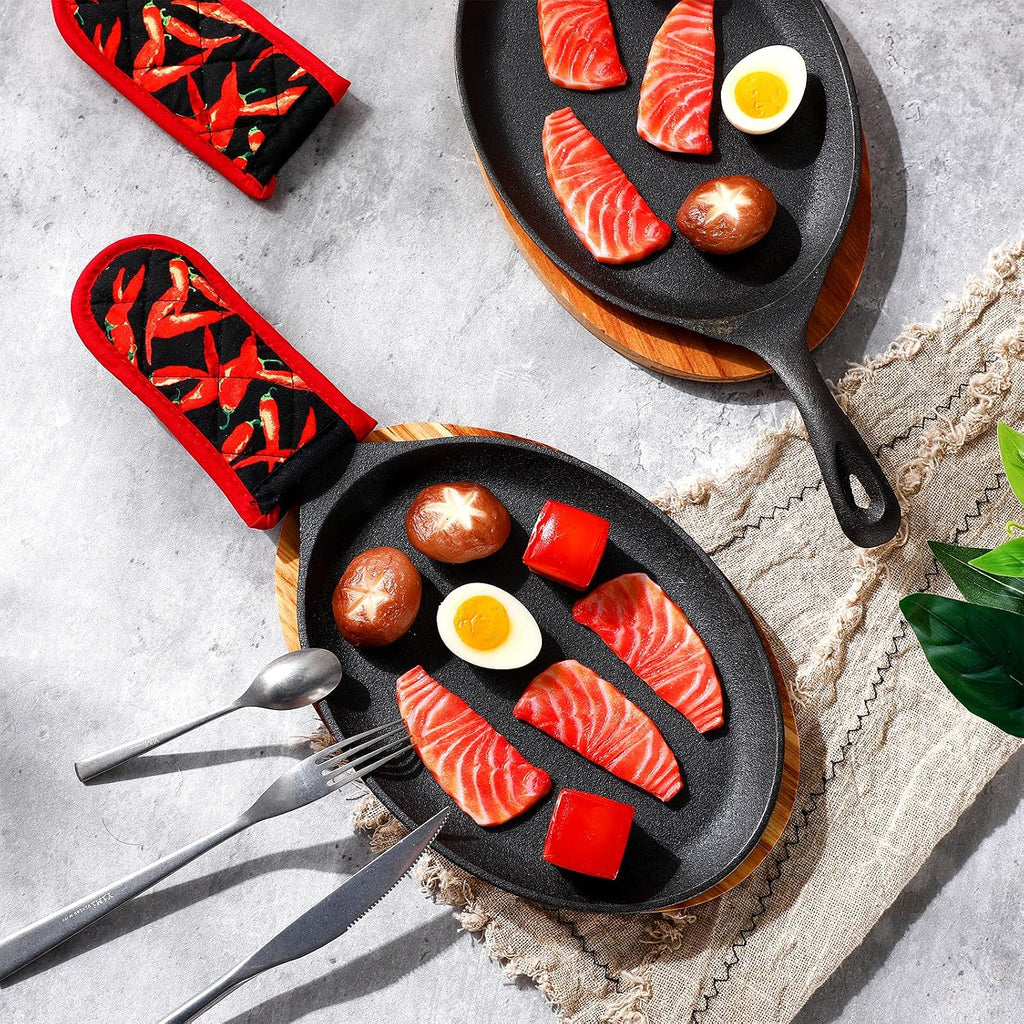 Cast Iron Fajita Skillet, Wooden Tray, Protective Mitt, 4 Sets