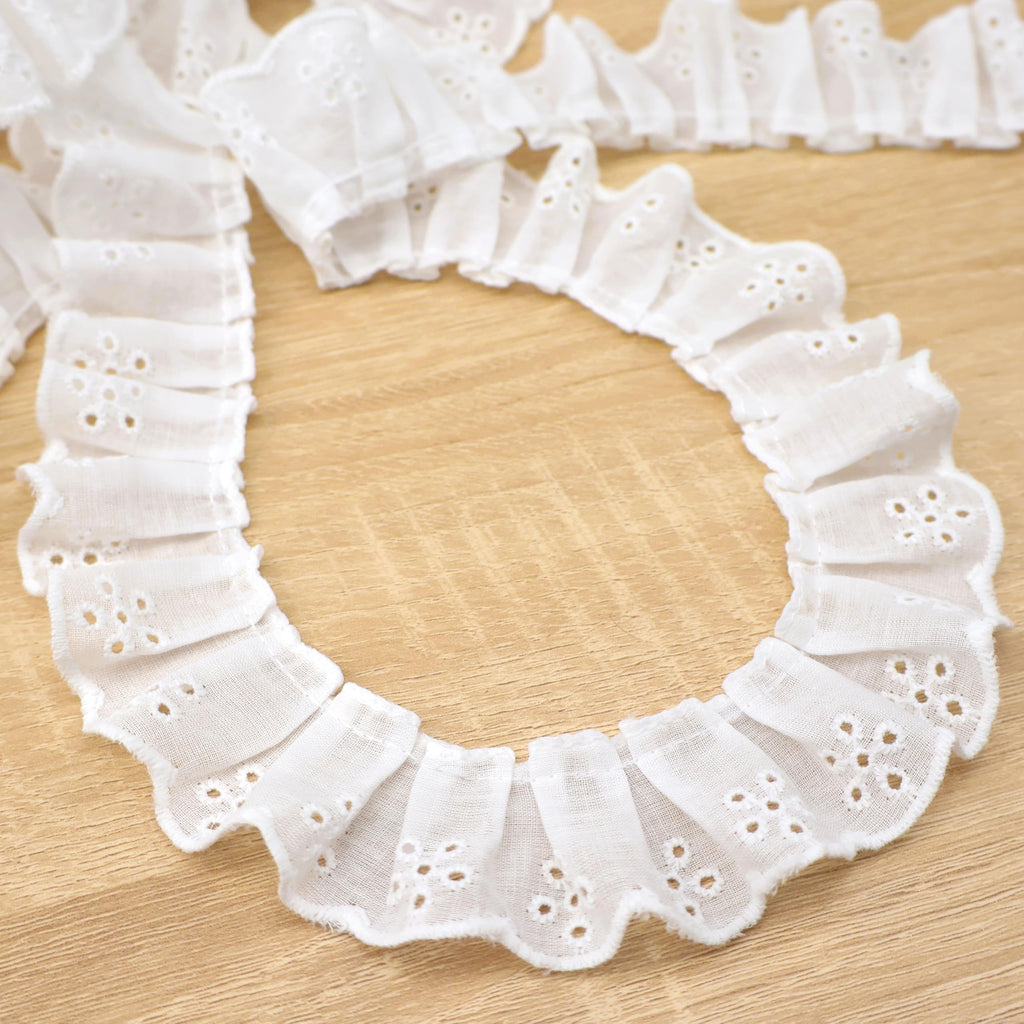 4 Yards Ruffle Trim Eyelet Cotton Pleated Lace Trim 1-9/16"