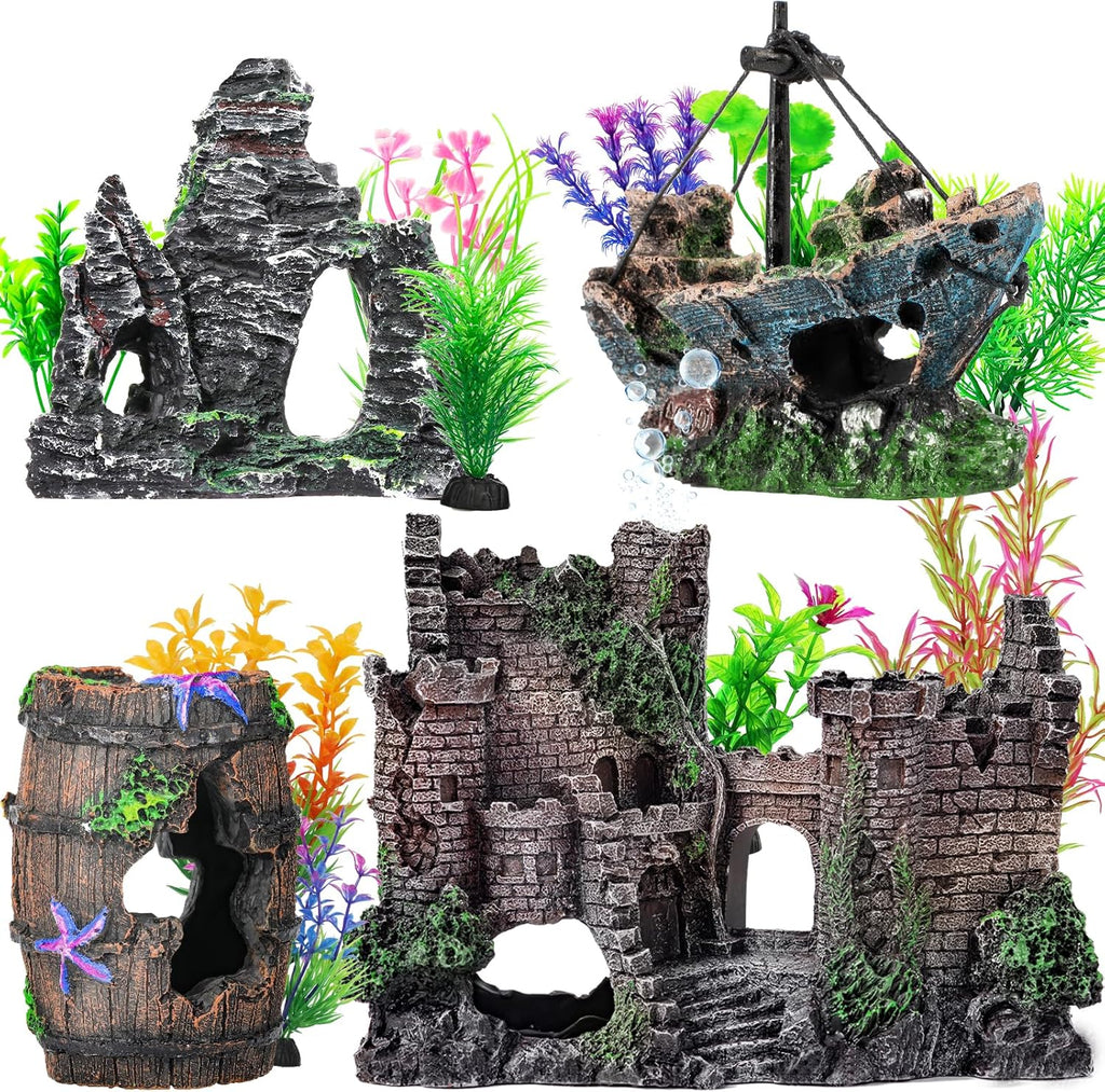 14 Pcs Aquarium Decorations Large Kit，Castle Fish Tank Bubbler Decorations，Starfish Barrel, Resin Cave Rock,Resin
