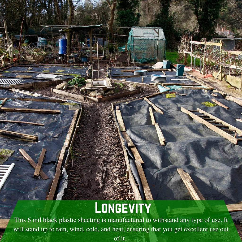 Weed Control 6 Mil Black Plastic Sheeting - Heavy Duty Weed Barrier Landscape Fabric for Outdoor Gardens, Non Woven