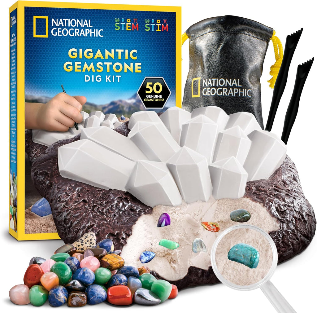 National Geographic Gigantic Gemstone Dig Kit with 50 Real Gemstones | Giant Dig Brick, Amethyst, Quartz & Tiger's