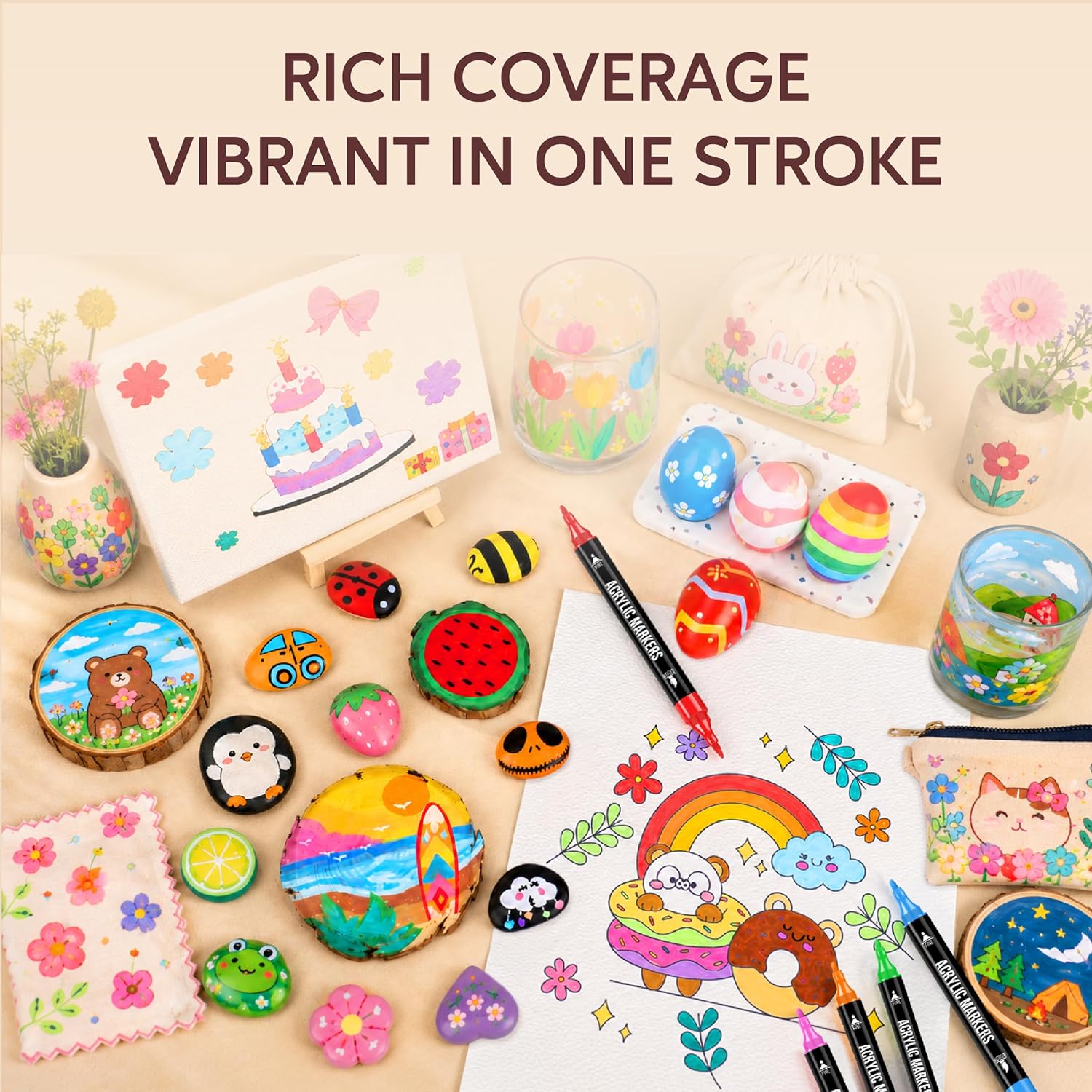 72 Colors Acrylic Paint Markers, Dual Tip with Fine Tip and Brush Tip Pens for Stone, Wood, Calligraphy, Canvas