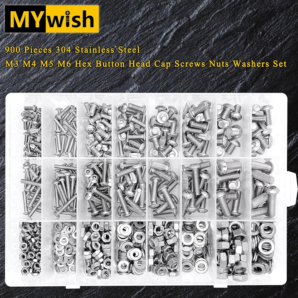 900Pcs Metric Screw Assortment, M3 M4 M5 M6 Screw Assortment Kit 304 Stainless Steel Hex Socket Button Head Socket