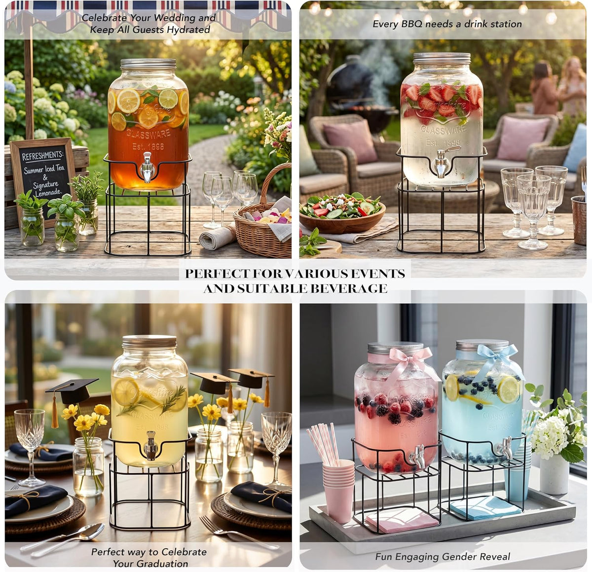 Mason Jar Glass Beverage Dispenser Sun Tea w/Metal Stand, 1 Gal