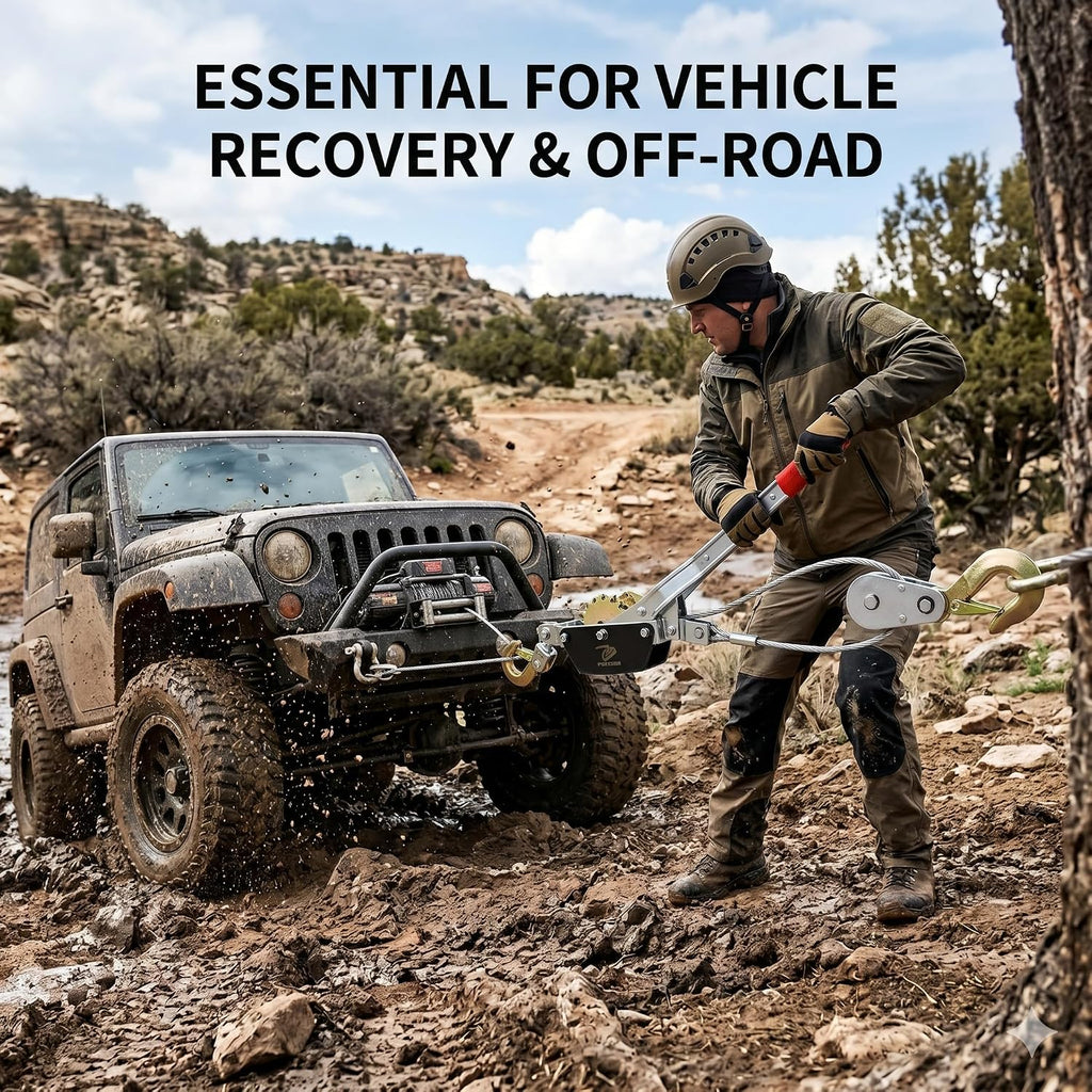 Come Along Winch with Sling,2 Tons/4400lbs, 12 ft Steel Cable | 2 Hooks, Two 1" x 8FT Lifting Sling, Dual Gears
