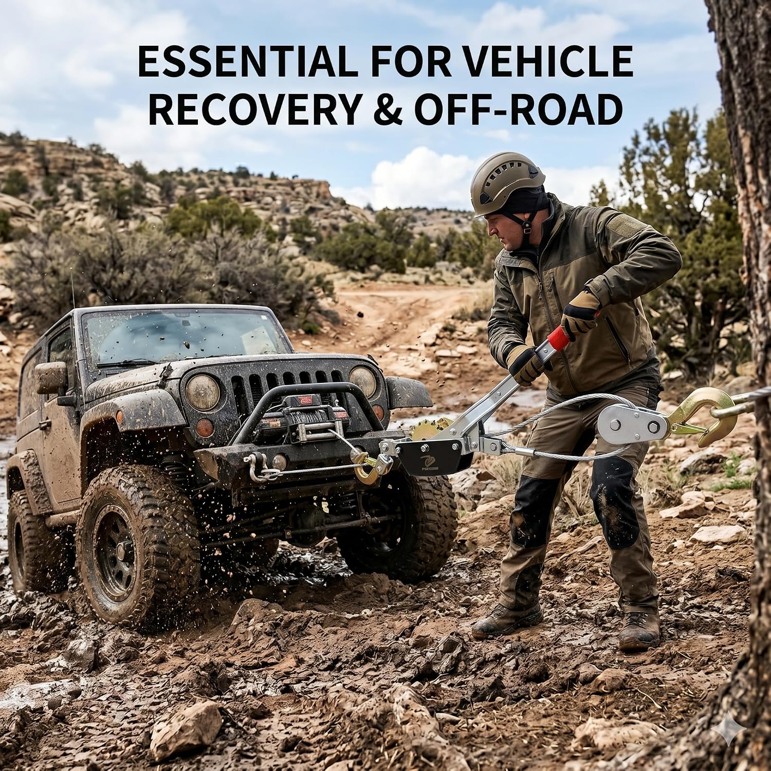 Come Along Winch with Sling,2 Tons/4400lbs, 12 ft Steel Cable | 2 Hooks, Two 1" x 8FT Lifting Sling, Dual Gears