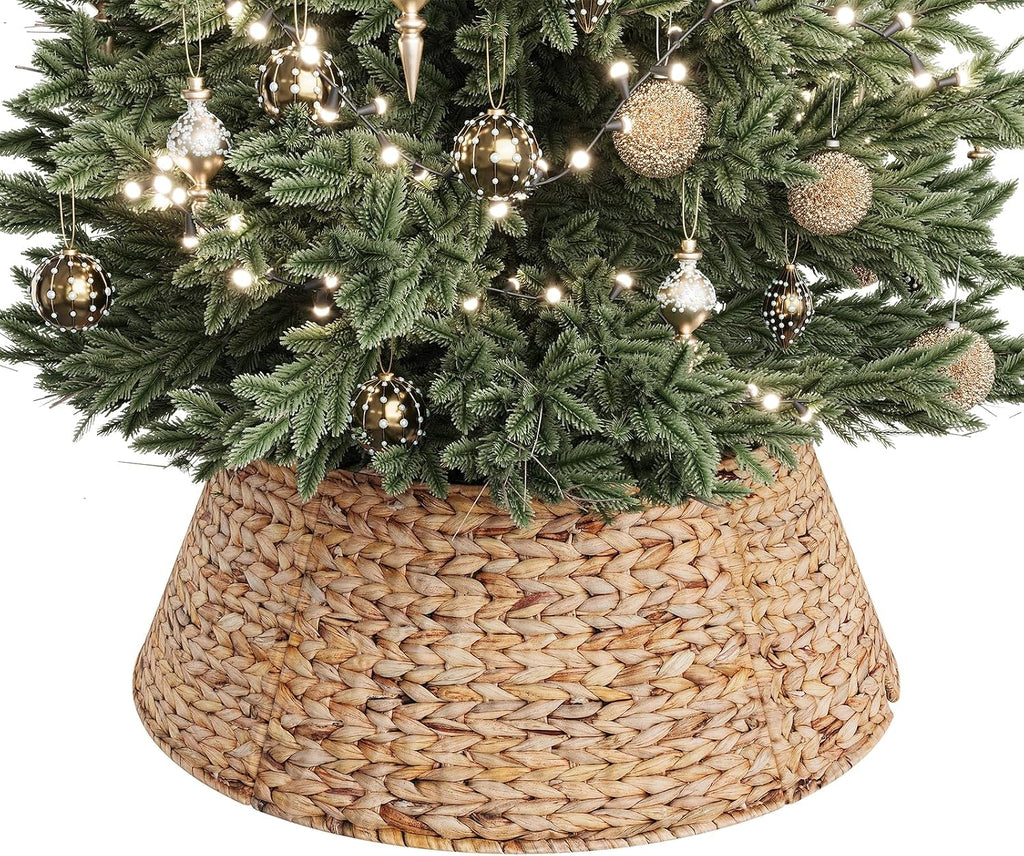 28-Inch Woven Rattan Christmas Tree Collar, Stylish Hyacinth 5-Piece Tree Skirt for Artificial Trees, Wicker Tree