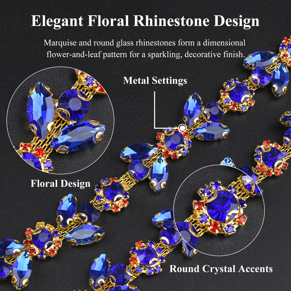 1 Yard Rhinestone Trim Chain, Gold AB Floral Applique for Dresses