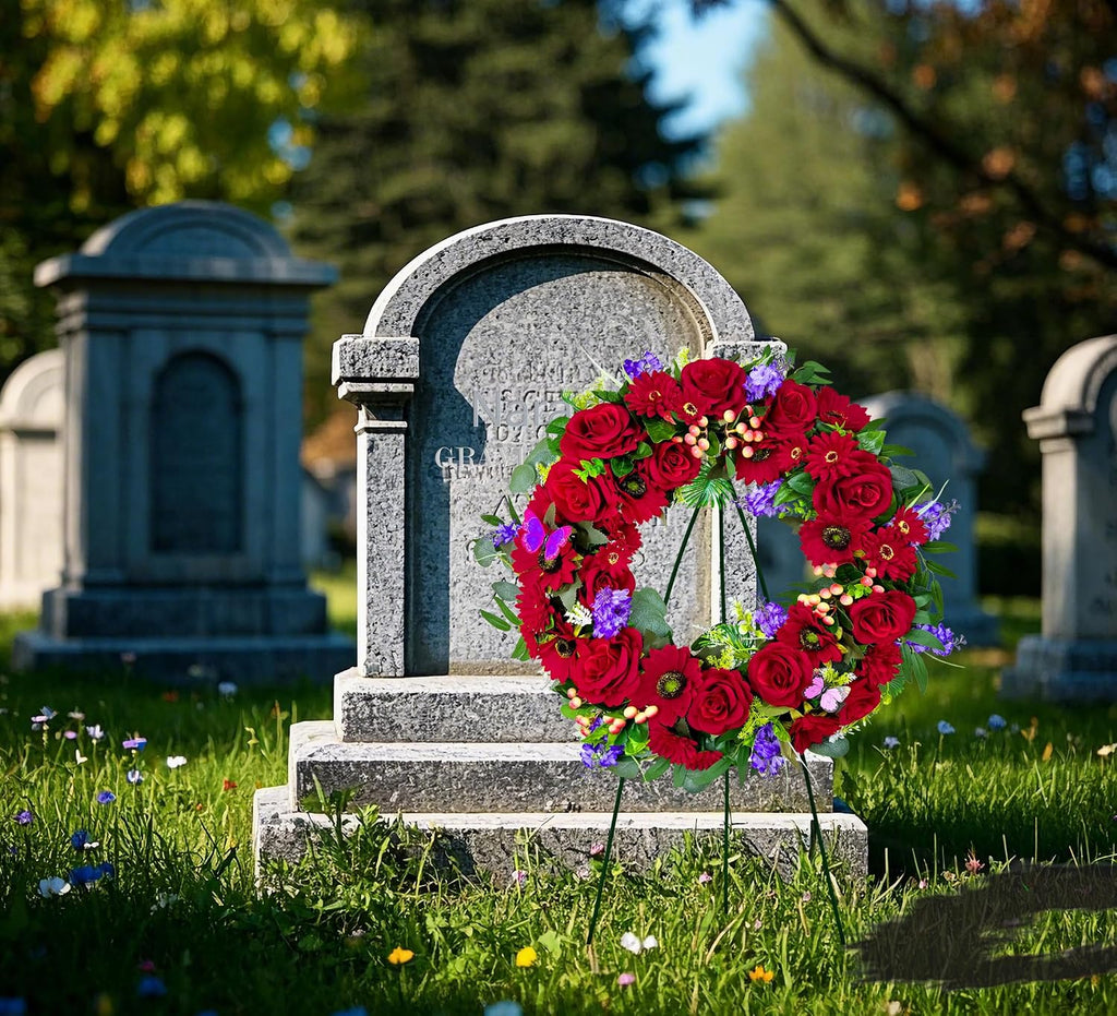 Cemetery Wreath for Grave, Red Roses Memorial Wreath with 30 Inch Easeal Stand, Fade-Resistant