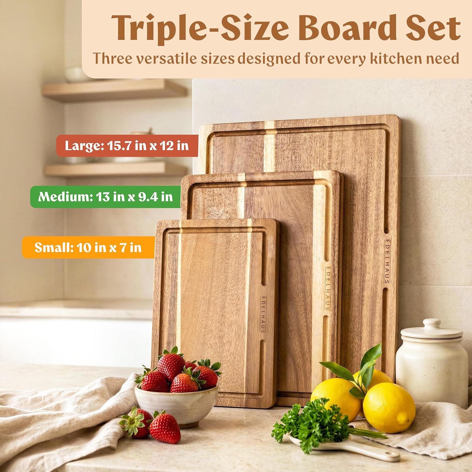 Acacia Wood Cutting Board for Kitchen, Non-Toxic Cutting Board Set of 3, Chopping Boards with Deep Juice Groove for