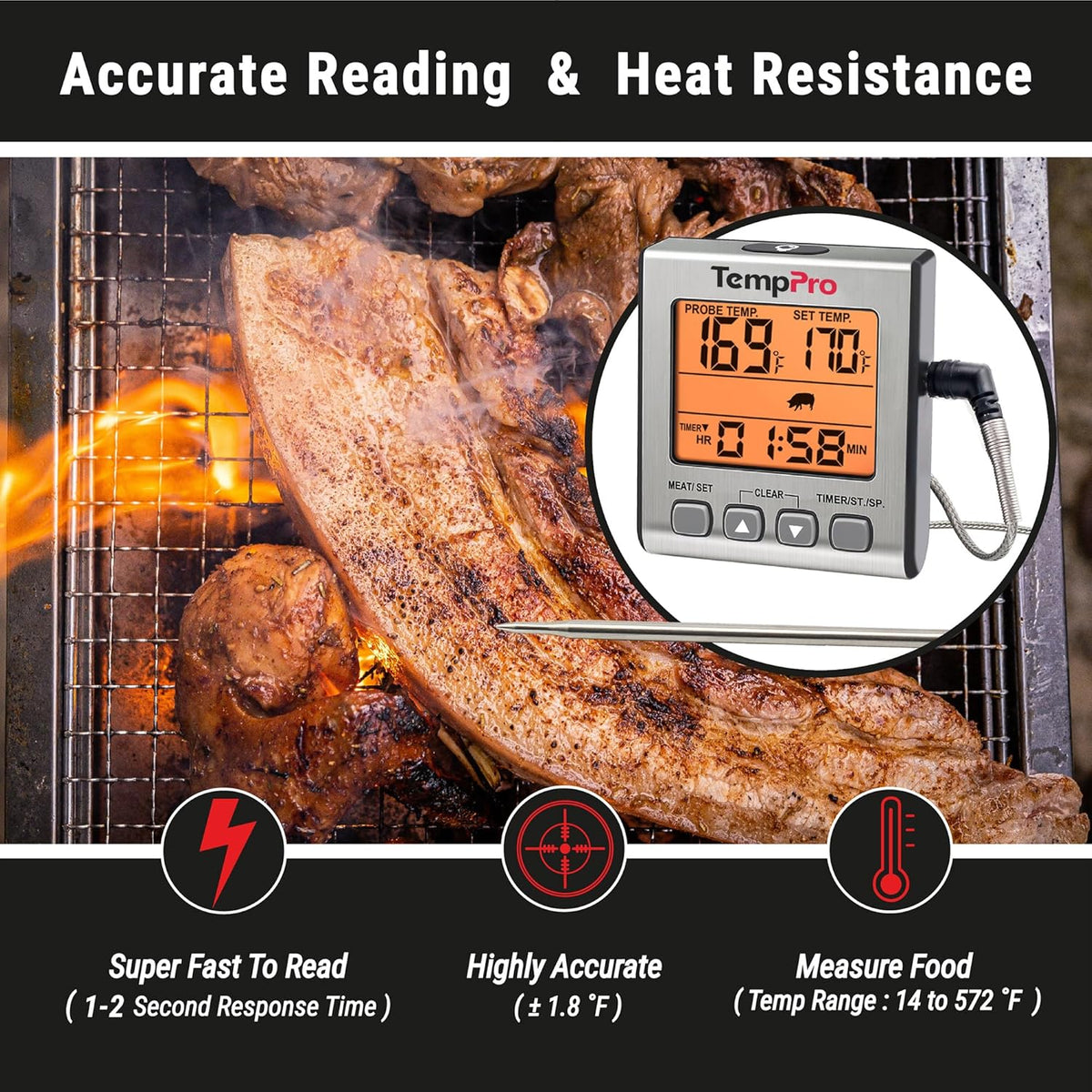 TempTrack Digital Meat Thermometer for Cooking and Grilling