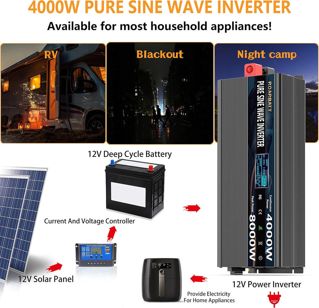 4000W Pure Sine Wave Power Inverter 12V DC to 110V/120V AC, 8000W Peak with Remote Control, 4 AC Outlets, Dual USB