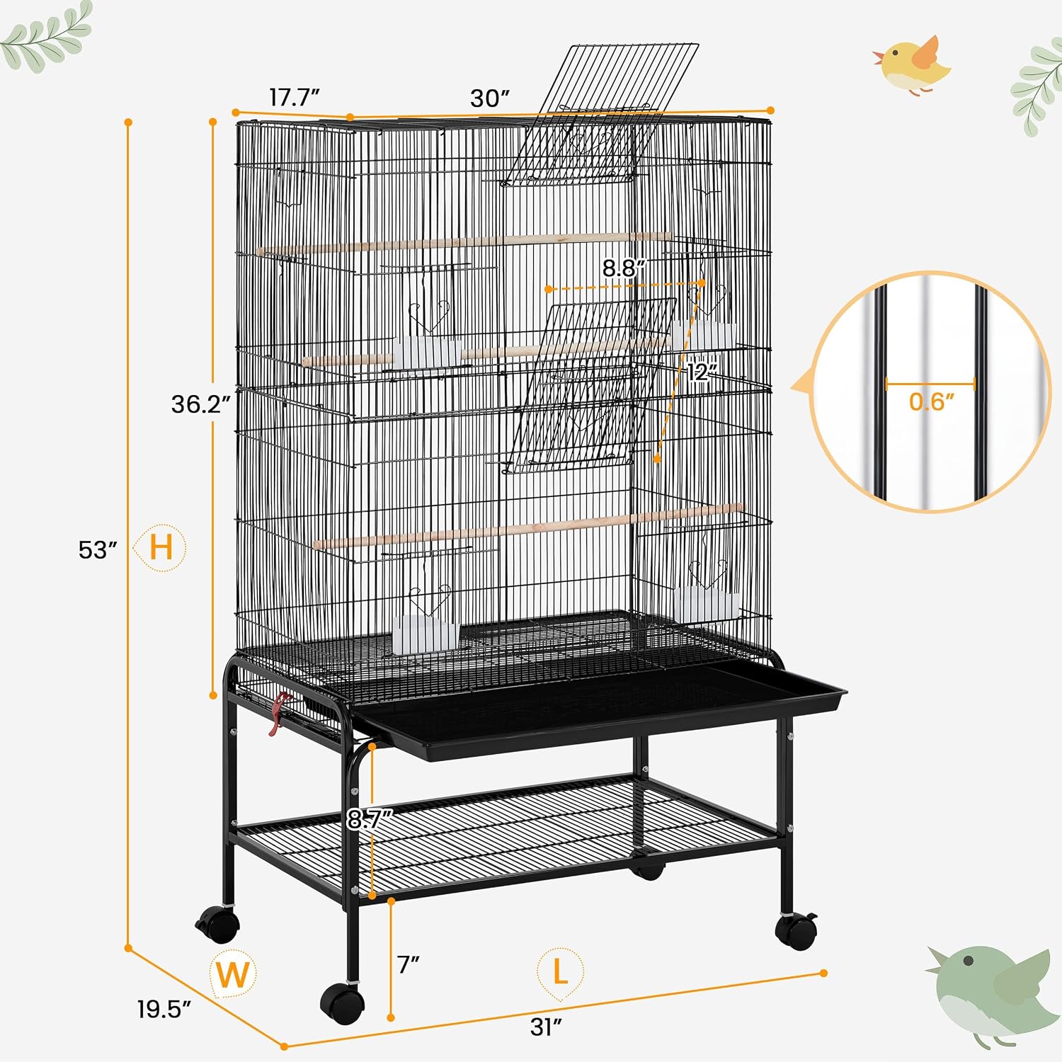 53'' Large Bird Cage Budgie Cage for Parakeets Cockatiels Conures Lovebirds Parrots with Rolling Stand
