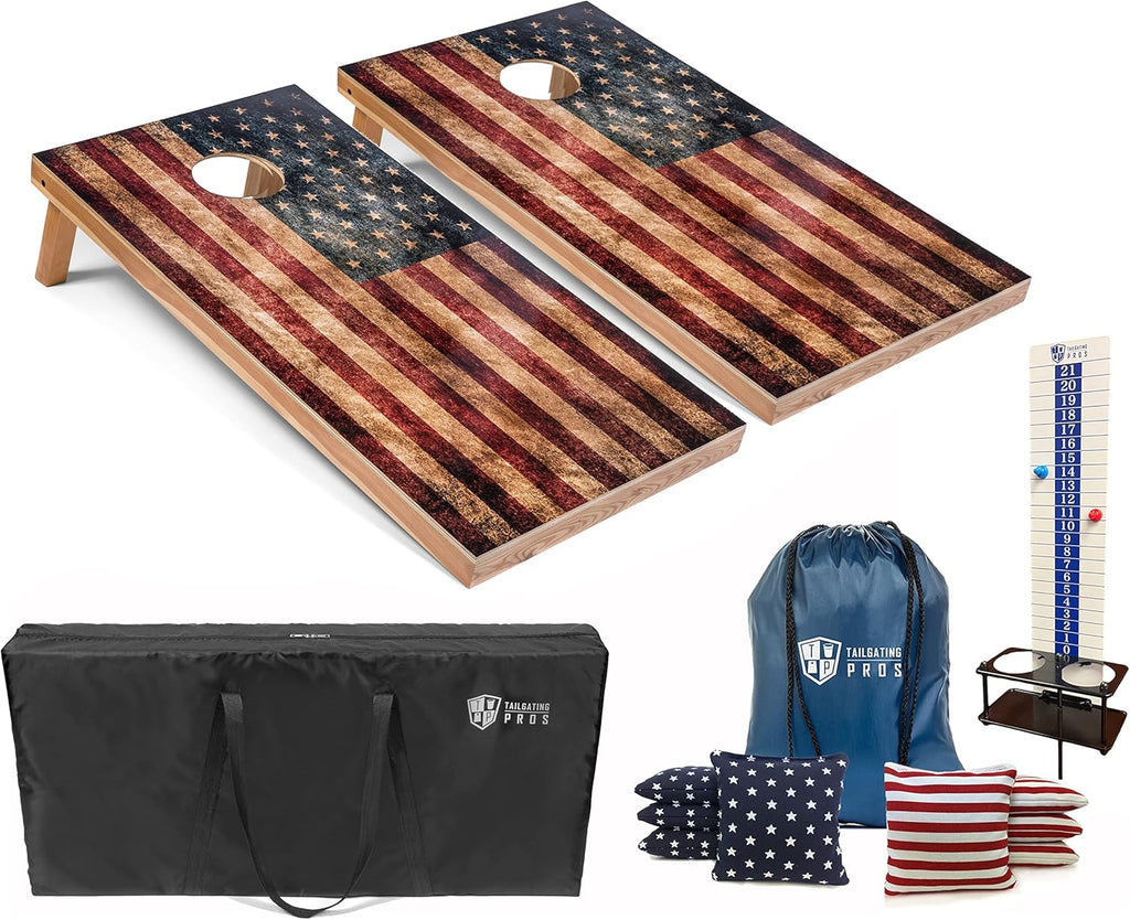 4x2 Regulation Cornhole Boards Flag Set- Includes 8 Bean Bags, Carrying Cases, and Score Keeper - Optional LED Lights
