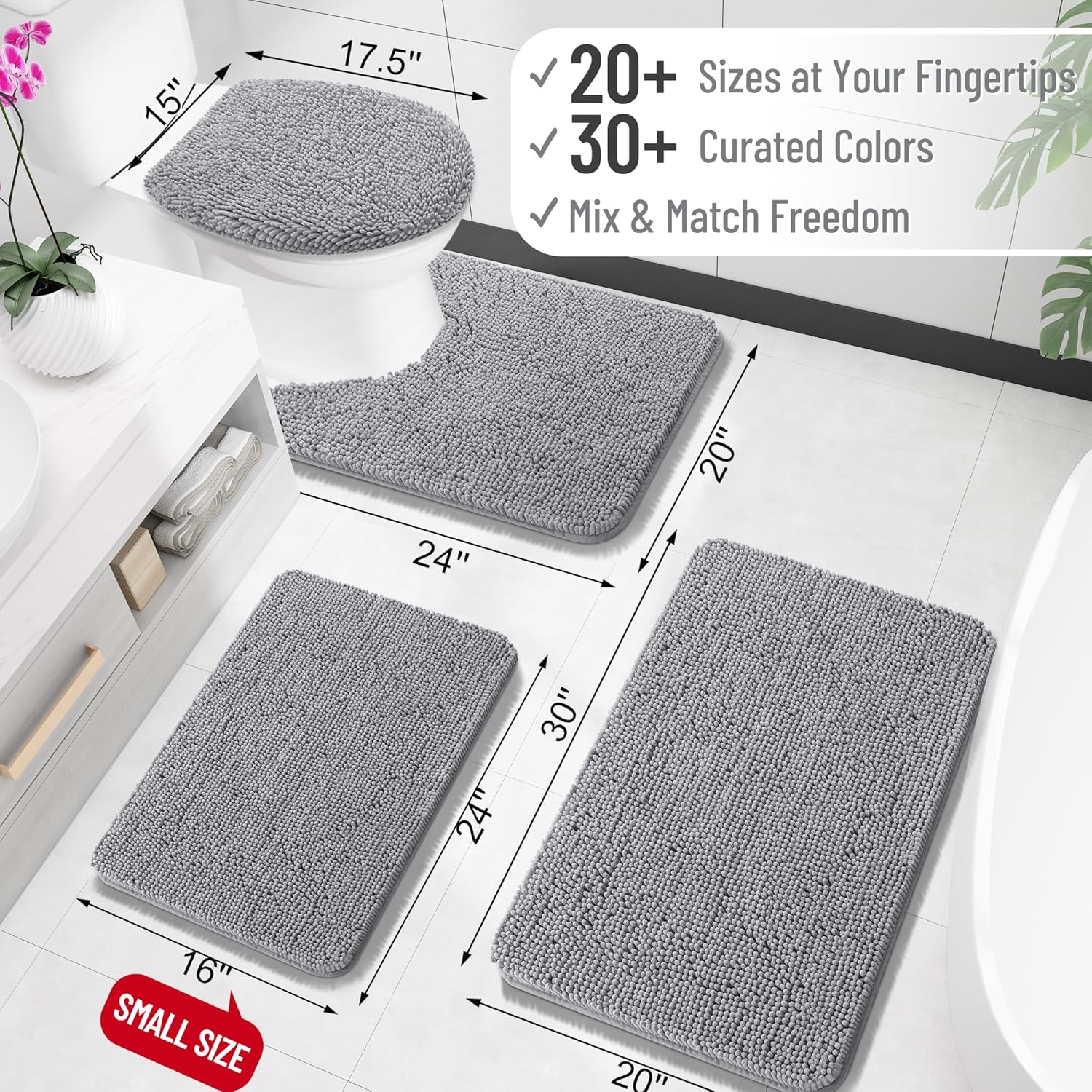Bathroom Rugs 30x20, Extra Soft Absorbent Chenille Bath Rugs | Grey, Quick-Drying Rubber Backing, Machine Washable