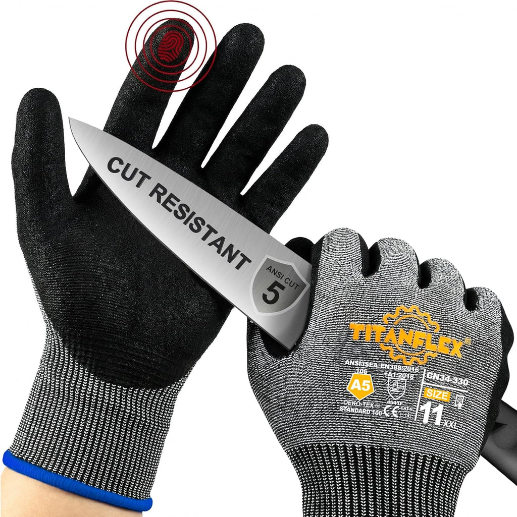Cut Resistant Gloves ANSI A5, Work Gloves with Sandy Nitrile Grip,Black