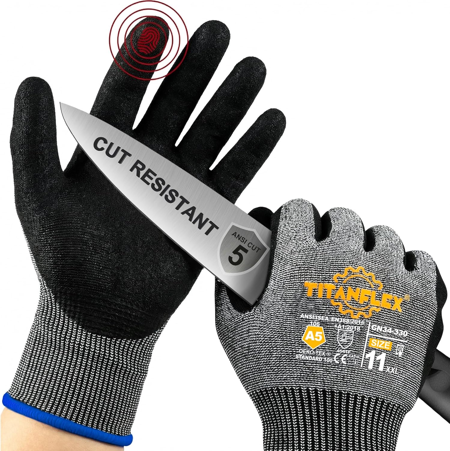 Cut Resistant Gloves ANSI A5, Work Gloves with Sandy Nitrile Grip,Black
