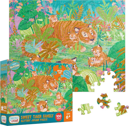 Chuckle & Roar - Sweet Tiger Family Glittery Jigsaw Puzzle – 100 Piece XXL Cozy Animal Scene, Ages 6+, 15 x 19