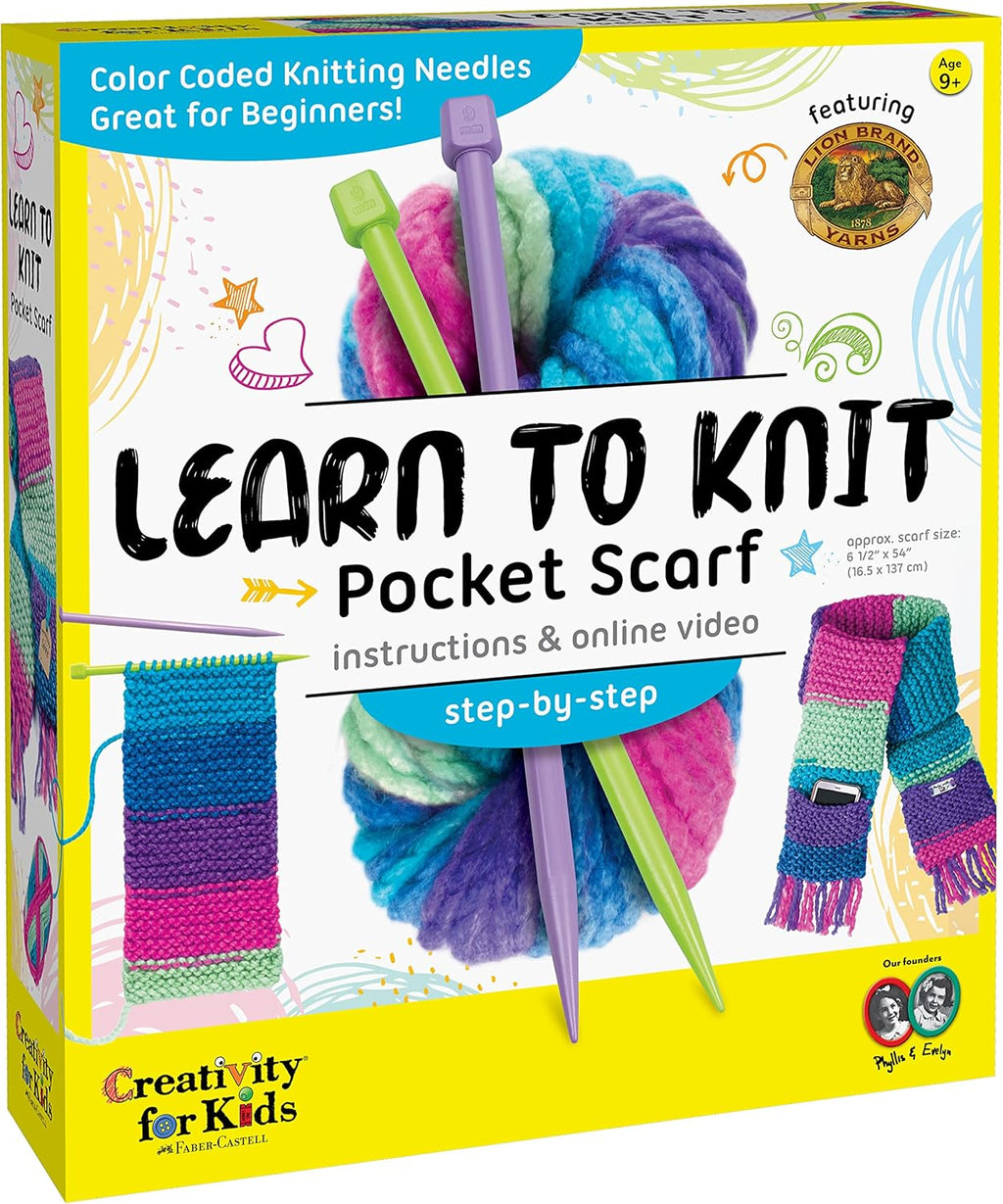 Learn to Knit Pocket Scarf - DIY Knitting Kit for Beginners, Kids Craft Kit