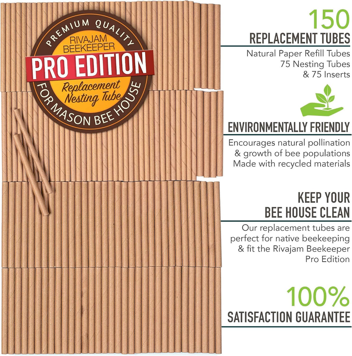 150 Mason Bee House Tubes Refill Pack | 75 Cardboard Bee Tubes & 75 Paper Mason Bee Tube Liners | Mason Bee Supplies