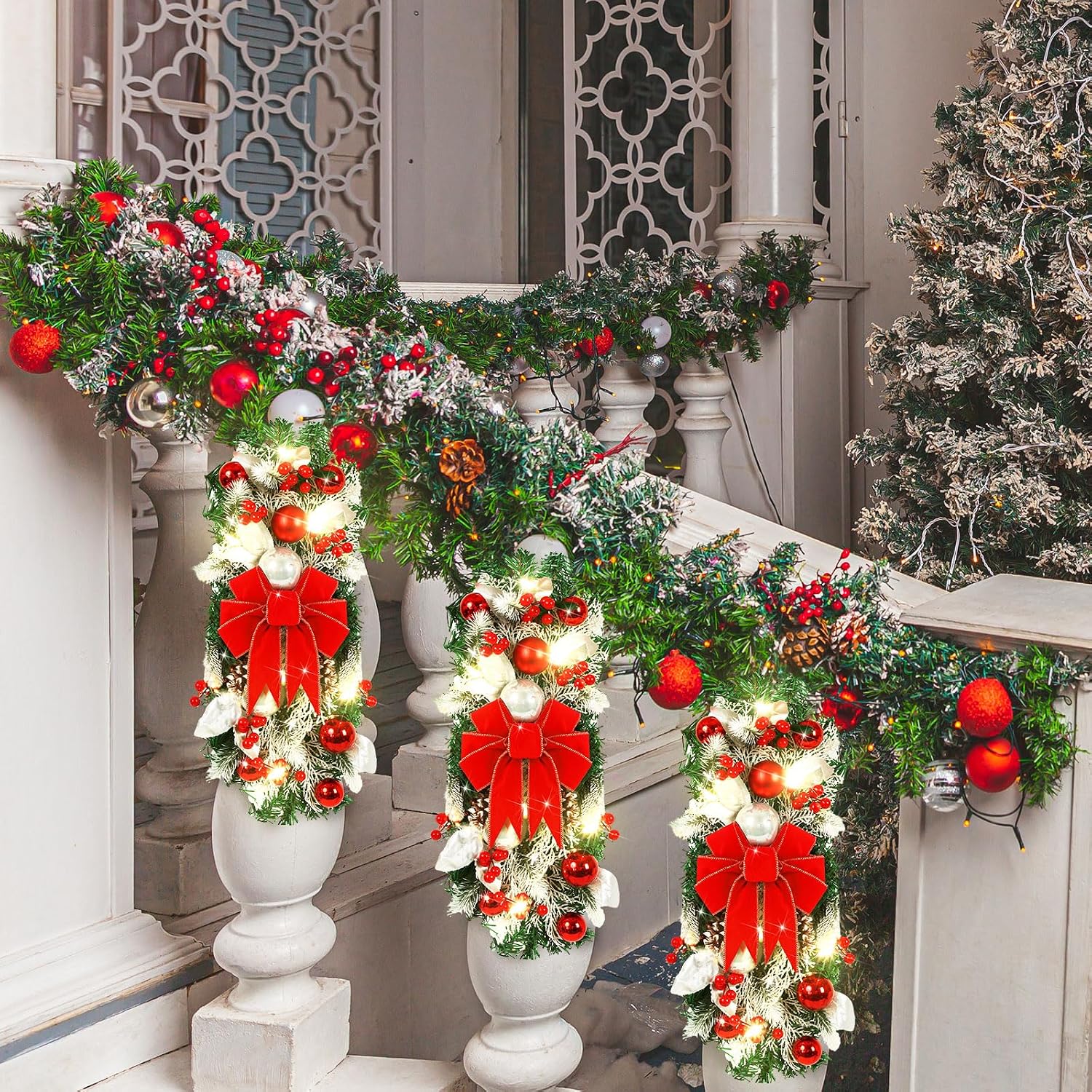4 Pcs 19.7 Inches Light up Christmas Stair Swags LED Prelit Teardrop Swag Norfolk Pine Garland Artificial Stairs