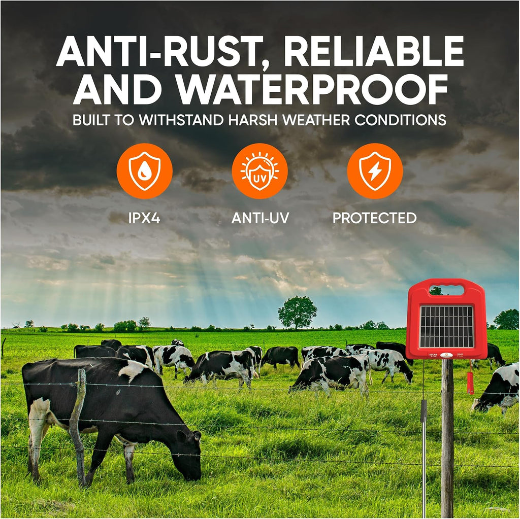 Solar Electric Fence Charger 5 Mile - Solar Powered Energizer for Livestock - Low Impedance Solar Fencer Battery Powered