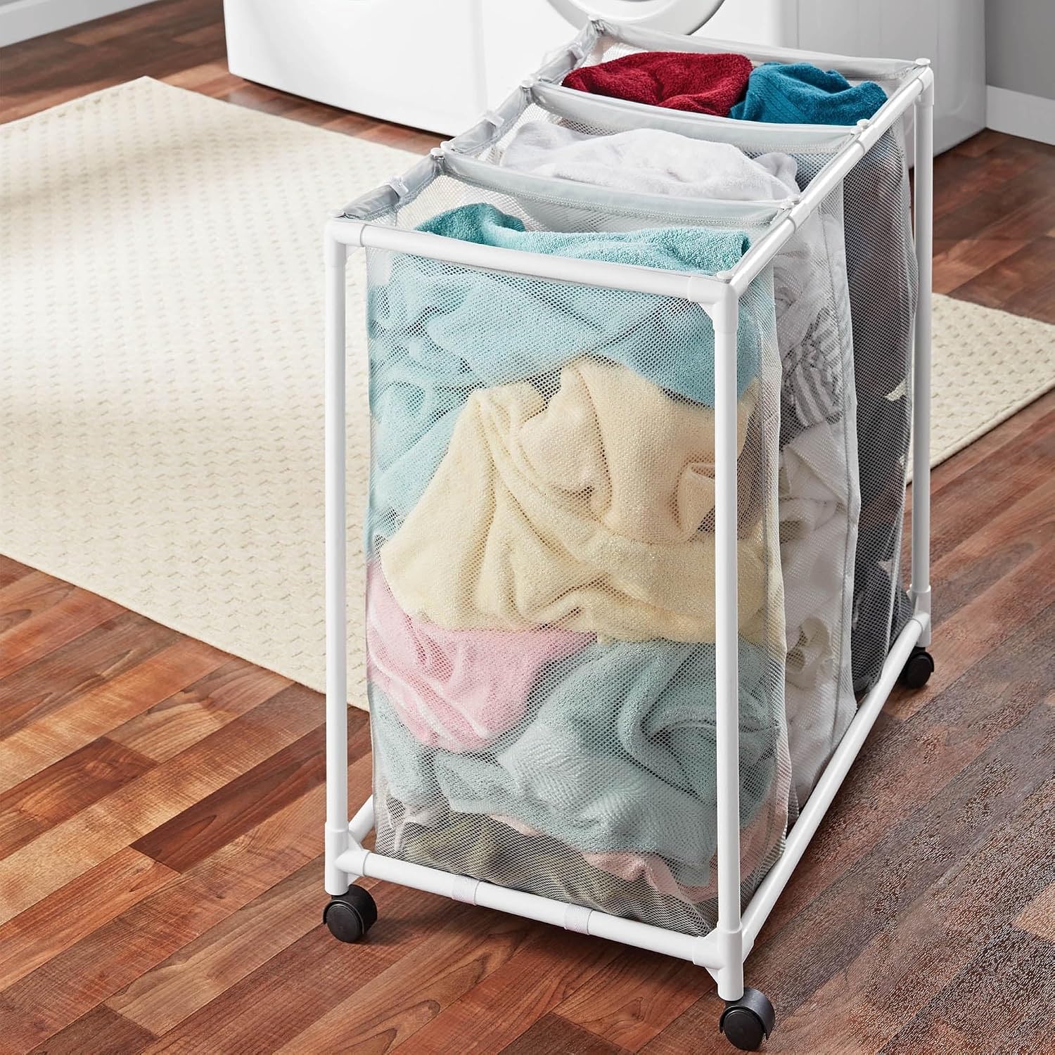 3-Bag Mesh Rolling Laundry Sorter Cart (Soft Silver), Easy Roll Casters, Space-Saving & Durable, Perfect for Bedroom