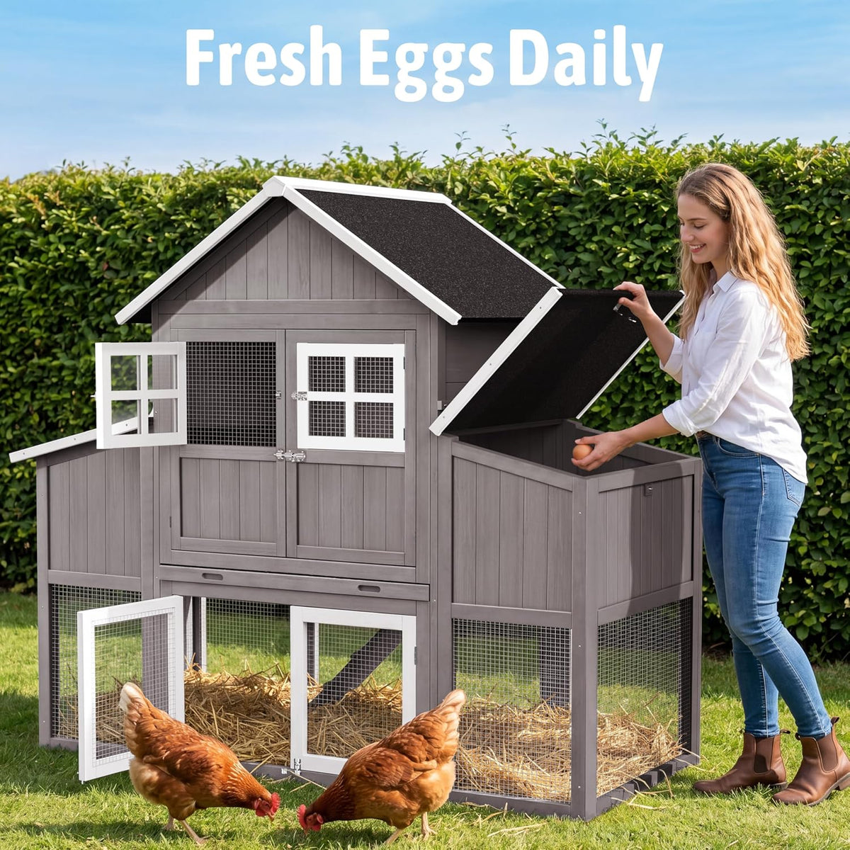 69.5" Large Chicken Coop with Run for 4-8 Chickens, Grey