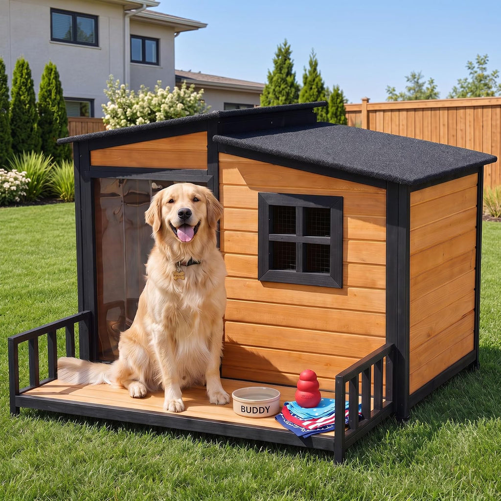 44" Anti-Chew Large Outdoor Dog House, Wooden Iron Frame for Med-Large Dogs