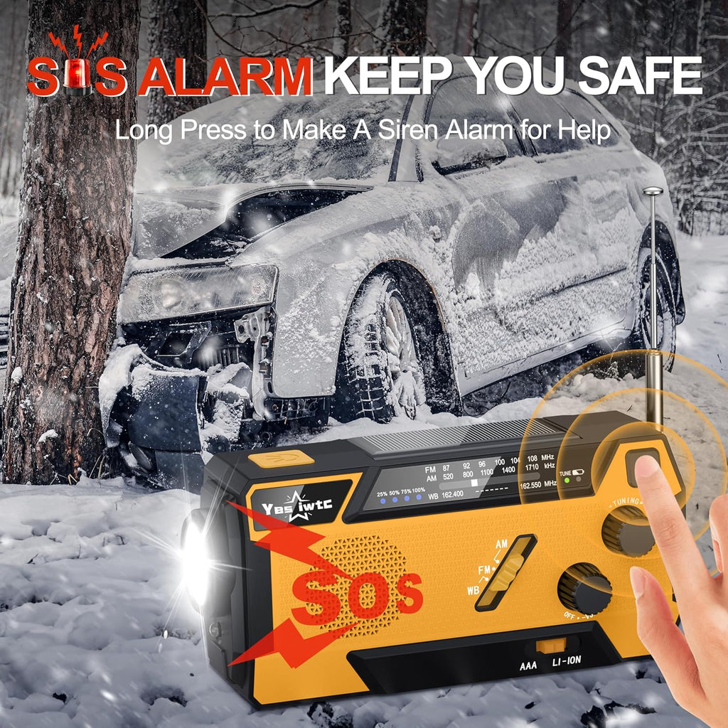 Hand Crank Emergency Radio 7400mWh (2000mAh) Solar Hand Crank Radio | Built in 3 Charging Cables AM/FM/NOAA Weather