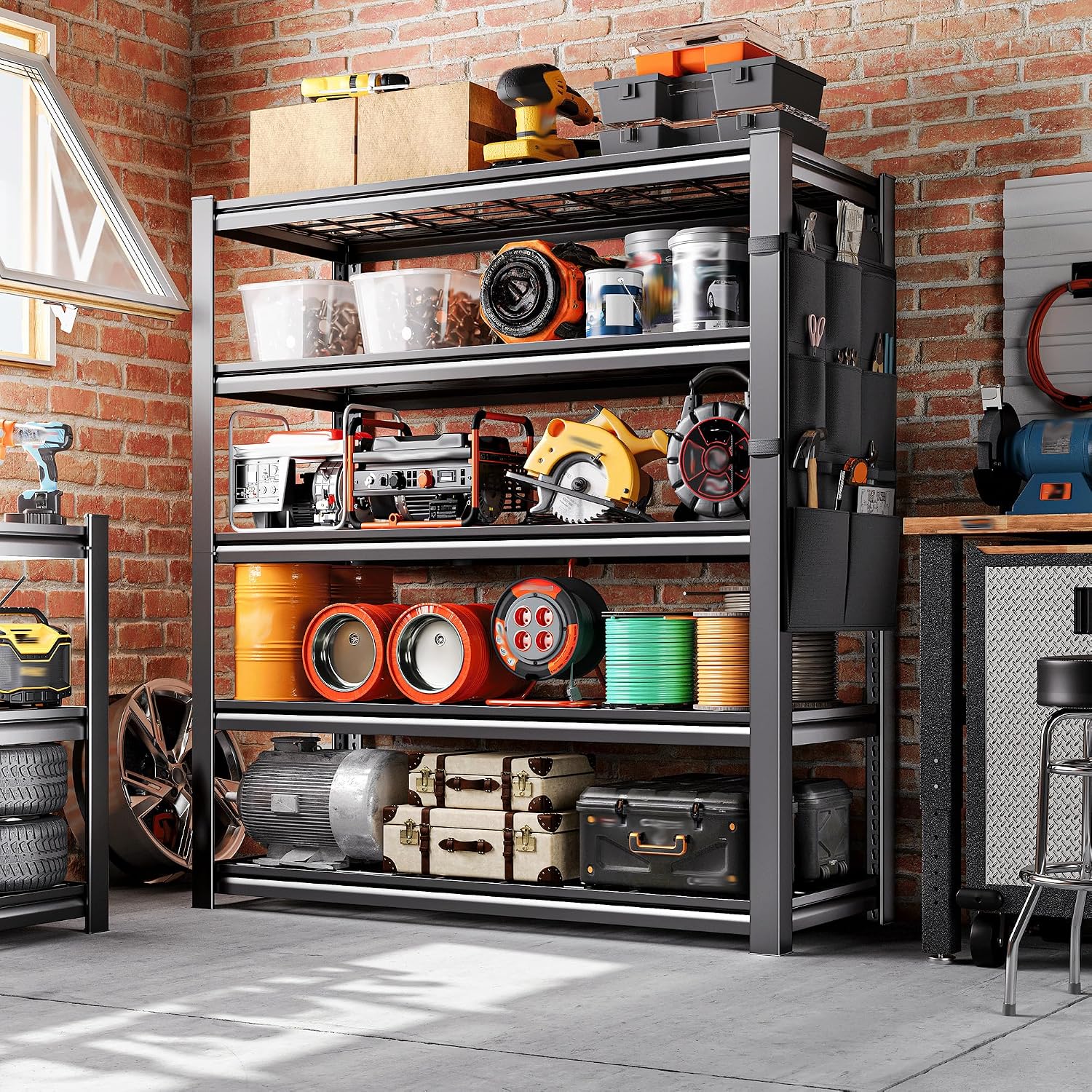 Storage Shelves,Heavy Duty Garage Shelving Load 2500LBS,5-Tier Metal Shelving Units with Tool Storage Bag, Adjustable