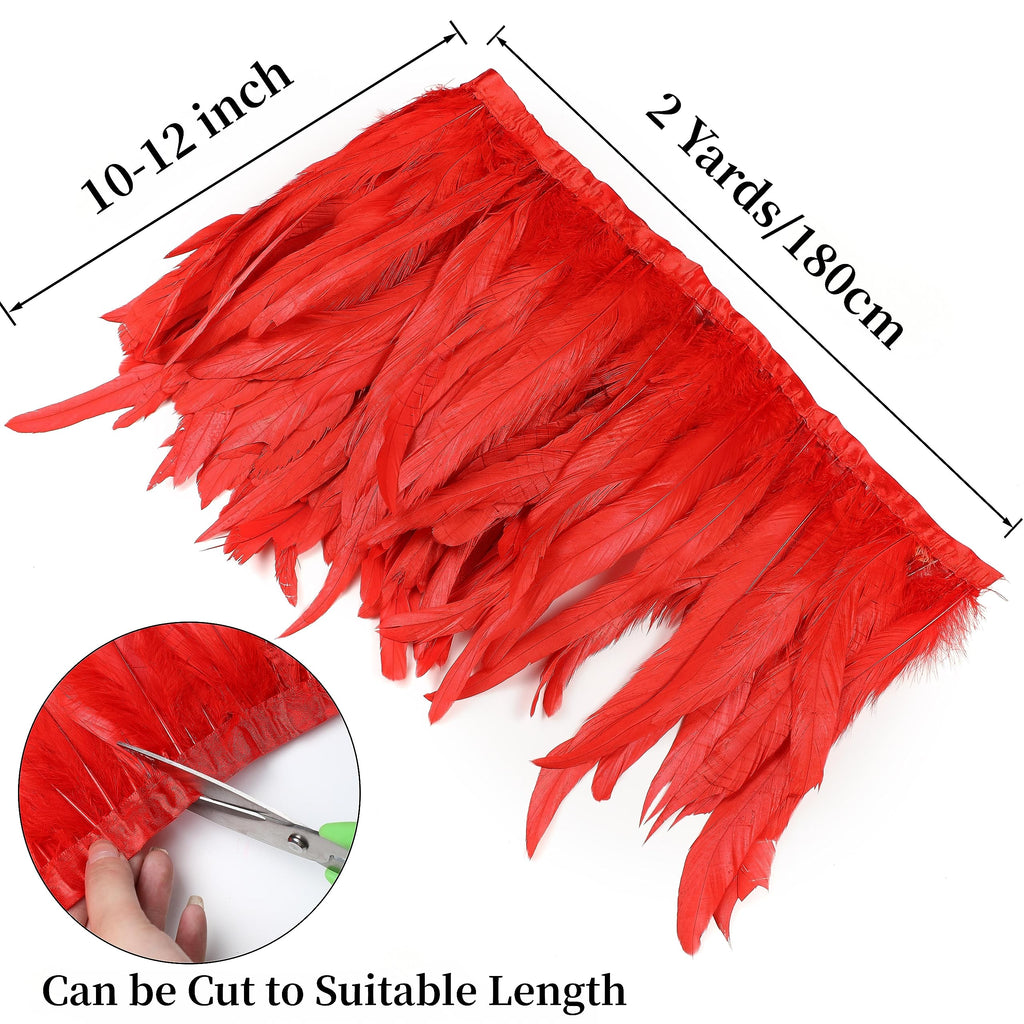 Red Rooster Feather Trim for DIY Sewing Crafts, 10-12inch 2 Yards