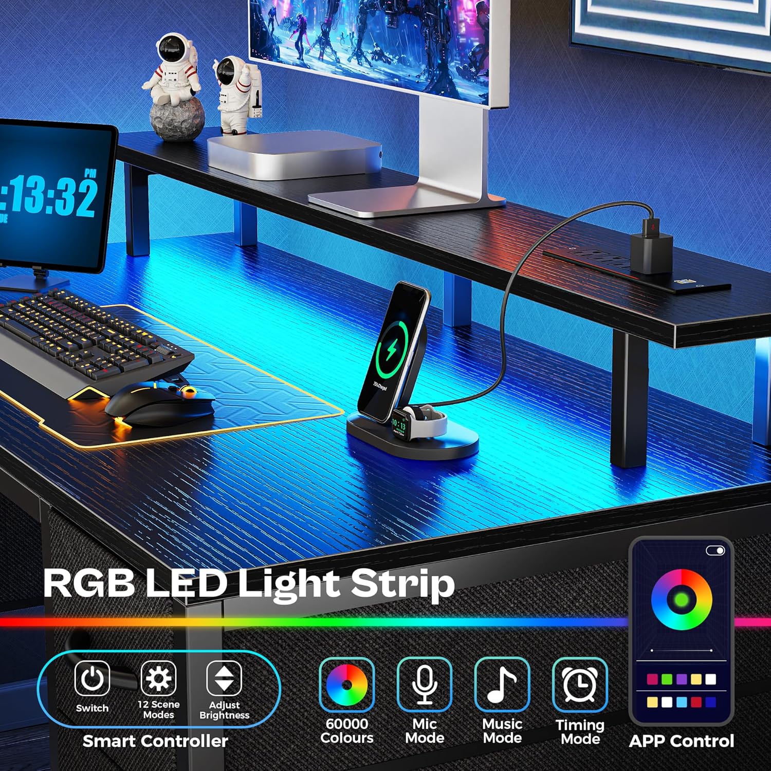 47 inch Computer Desk with 4 Drawers, Gaming Desk with LED Lights & Power Outlets, Home Office Desk with Large
