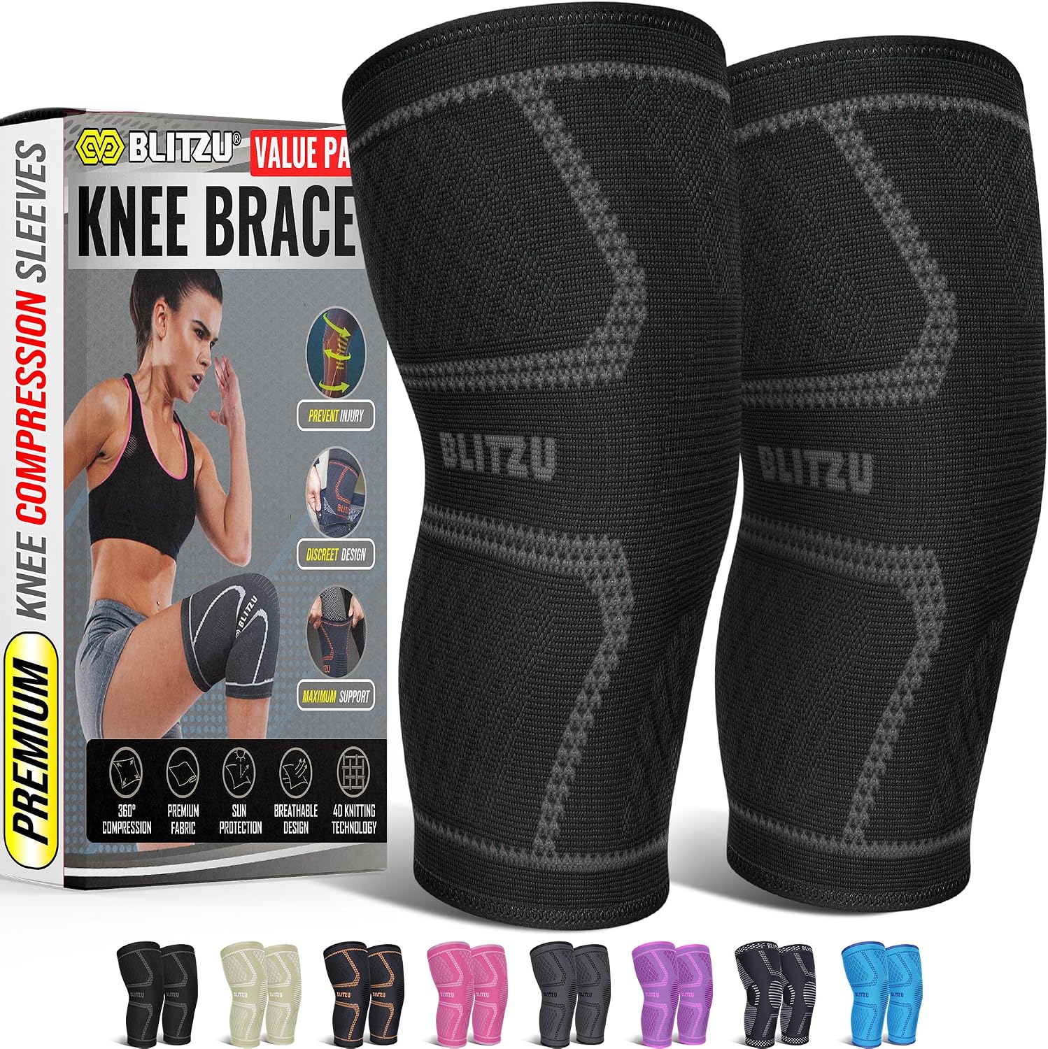 Knee Brace for Meniscus Tear 2 Pack, Knee Compression Sleeve for Men and Women, Knee Support for Arthritis, Swelling
