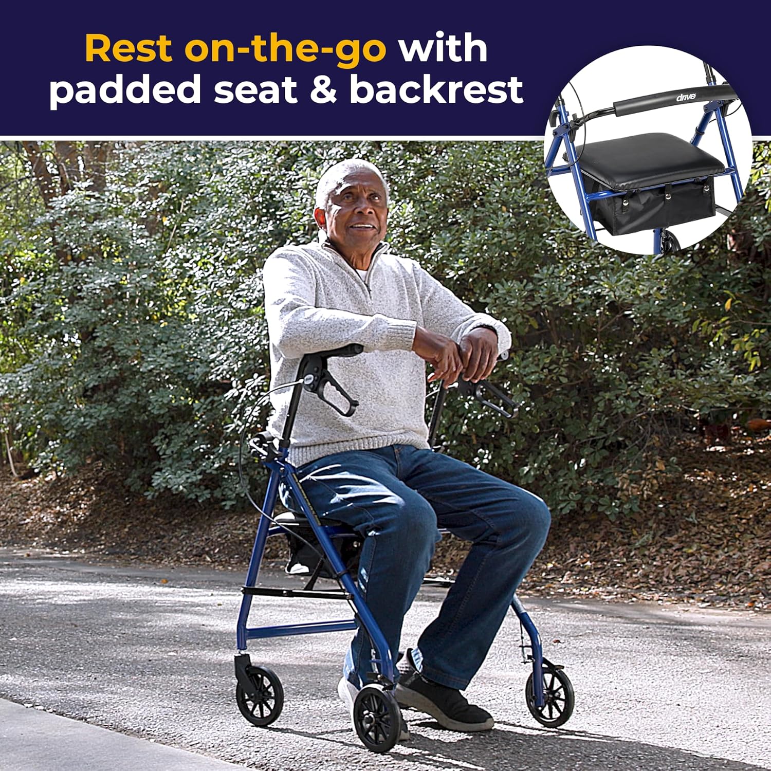 Aluminum Rollator Walker - Fold Up - Padded Seat - 6 Inch Wheels - Lightweight Portable Design - Indoor Outdoor