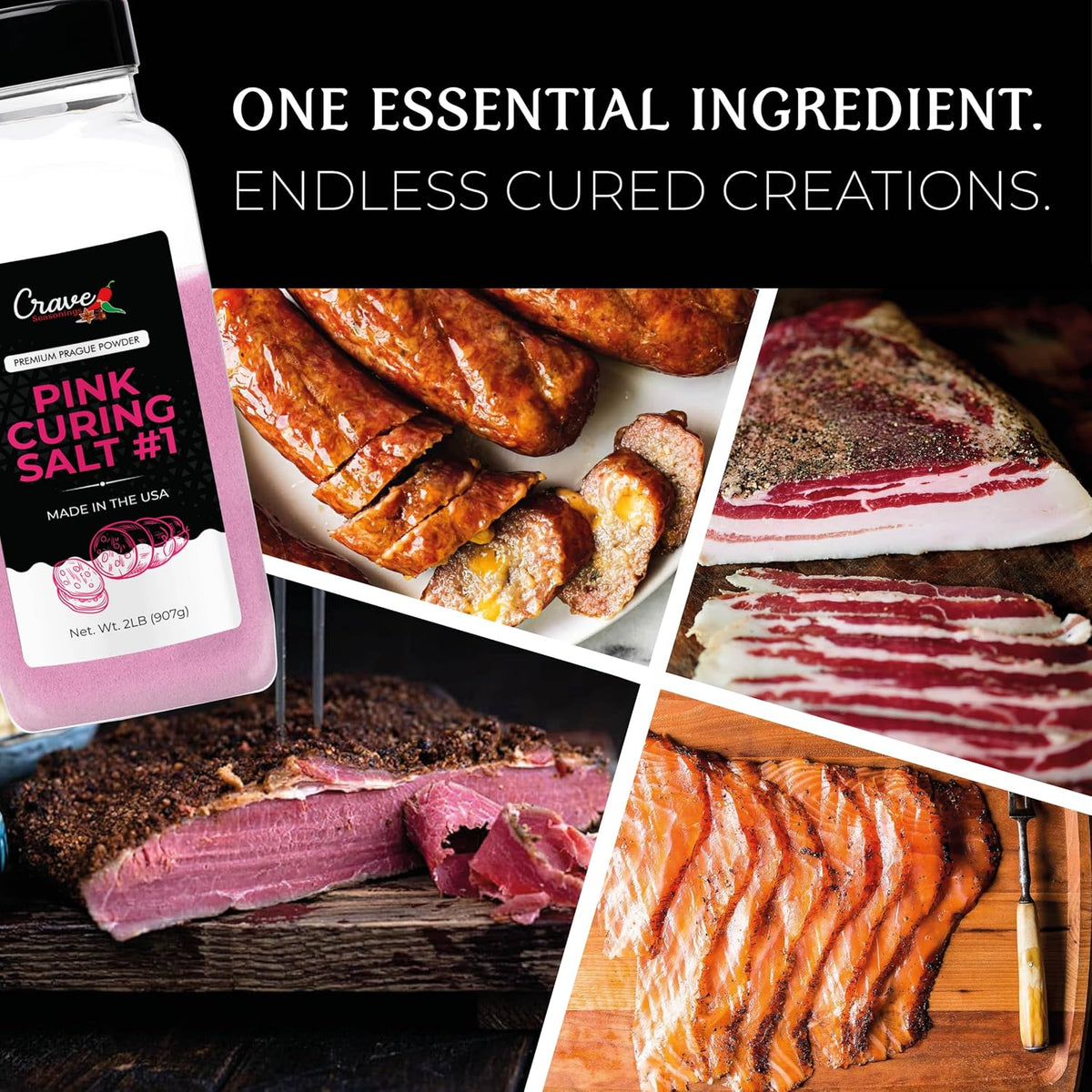 Crave Pink Curing Salt #1 2.0 LB JAR - Prague Powder, Instacure #1- Made in USA, Premium Cure for Sausage, Bacon