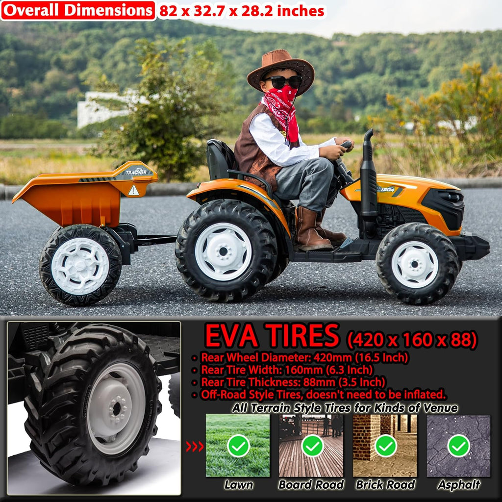 24V Ride On Tractor with Electric Trailer 2WD Ride On Toy Car for Big Kids 6+, Remote Control, Extra Large EVA