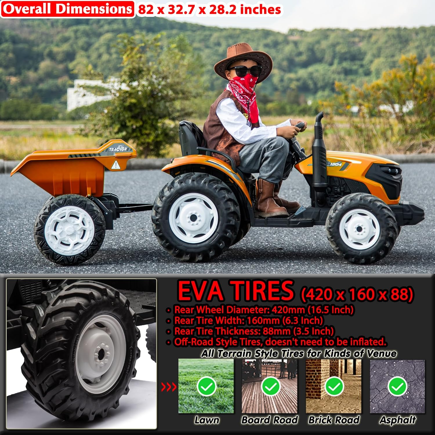 24V Ride On Tractor with Electric Trailer 2WD Ride On Toy Car for Big Kids 6+, Remote Control, Extra Large EVA